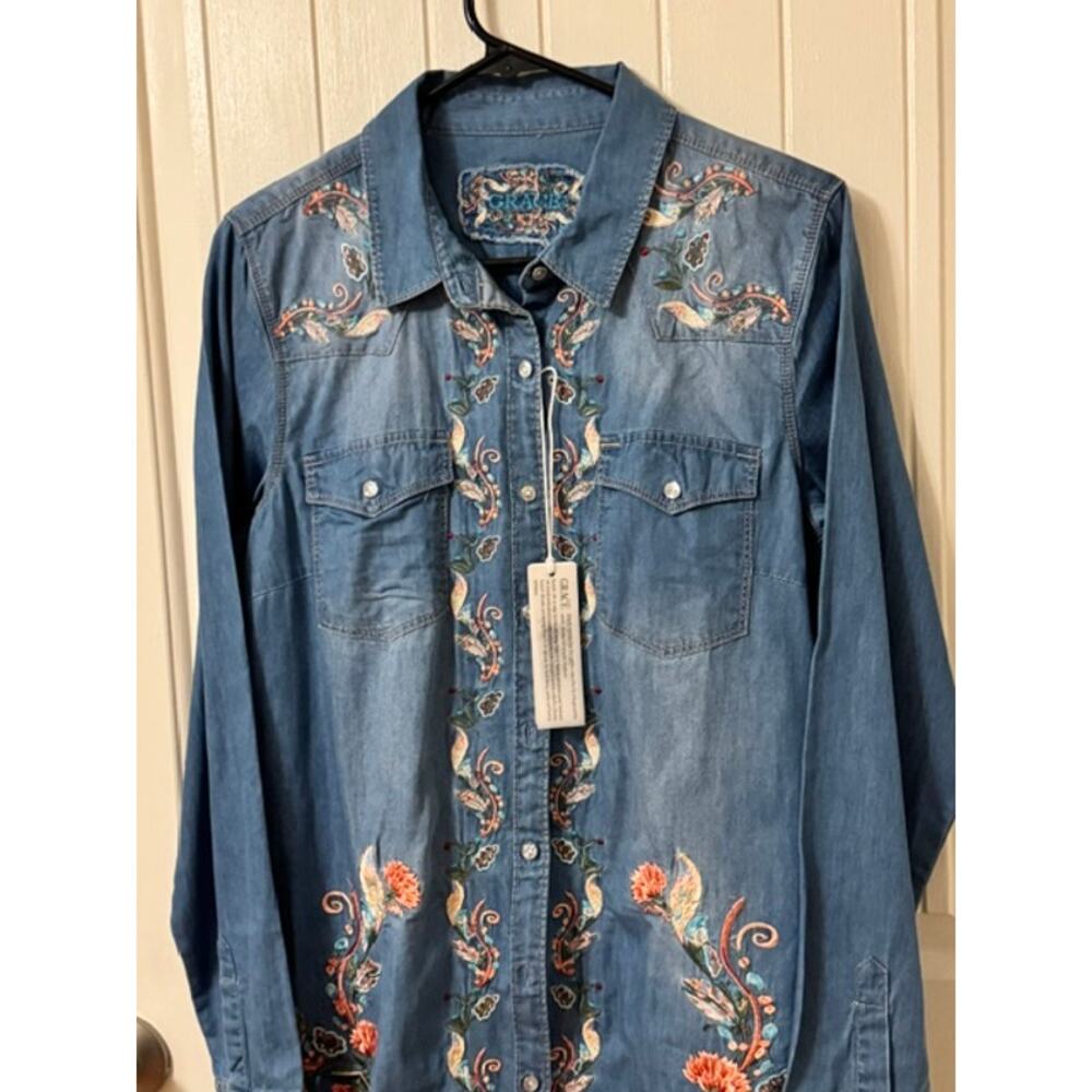 Grace in LA Light Blue Embroidered Denim Long Sleeve Shirt Dress M - Picture 3 of 11